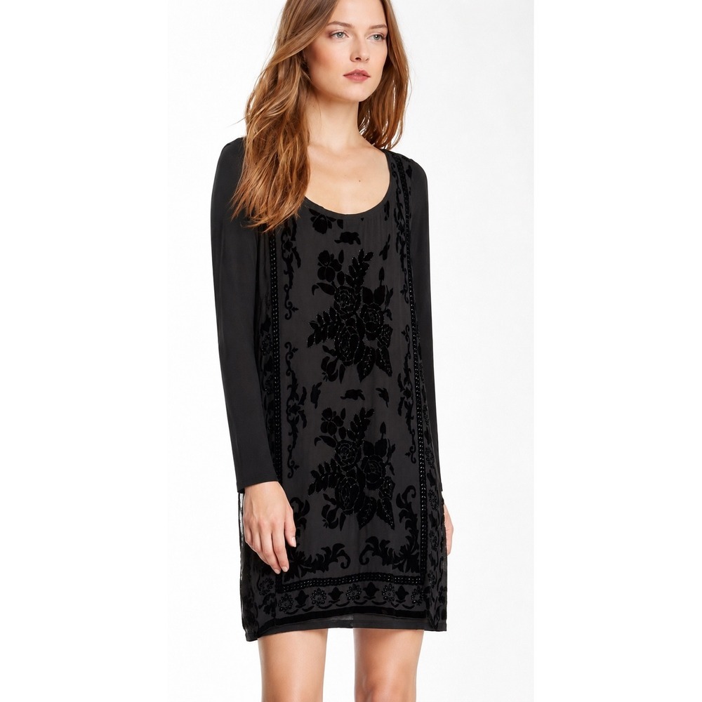 Hale Bob Ebony Rose Velvet Burnout Beaded Silk Dress Black XS